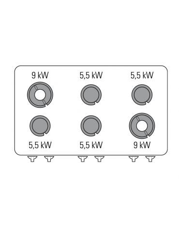 Cucina a gas 6 fuochida banco, acciaio Inox, potenza fuochi 4x5,5kw + 2x9kw - cm 120x90x28h