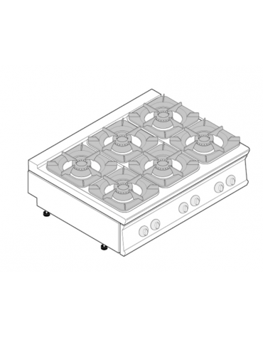 Cucina a gas professionale 6 fuochi da banco, acciaio Inox, potenza fuochi 6x9kw - cm 120x90x28h