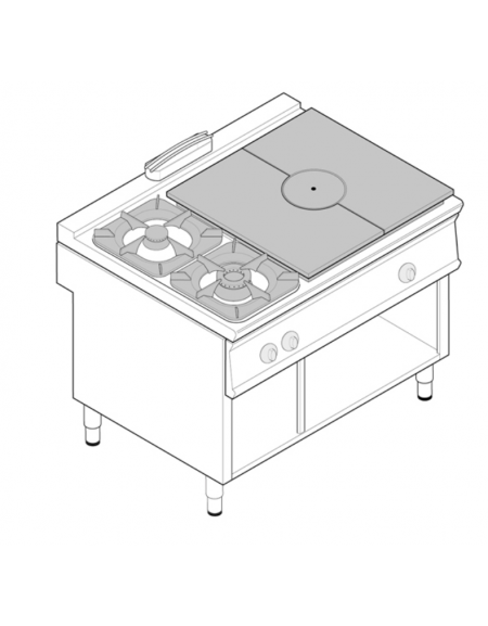 Cucina a gas su vano a perto, 2 fuochi + tuttapiastra cm 76,6x68,3, fuochi aperti 1x5,5kw + 1x9kw - cm 120x90x90h