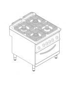 Cucina a gas 4 fuochi, forno elettrico GN 2/1, fuochi aperti 2x5,5kw + 2x9kw - cam. forno cm 57,5x65x30 - cm 80x90x90h