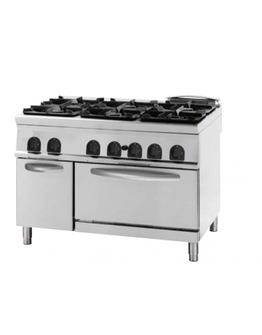 Cucina a gas 6 fuochi, forno a gas GN 2/1, fuochi aperti 4x5,5kw + 2x9kw - cam. forno cm 57,5x65x30 - cm 120x90x90h