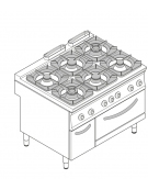 Cucina a gas 6 fuochi, forno a gas GN 2/1, fuochi aperti 4x5,5kw + 2x9kw - cam. forno cm 57,5x65x30 - cm 120x90x90h