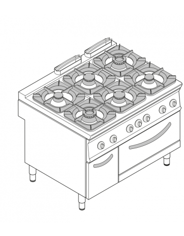 Cucina a gas 6 fuochi, forno a gas GN 2/1, fuochi aperti 4x5,5kw + 2x9kw - cam. forno cm 57,5x65x30 - cm 120x90x90h