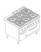 Cucina a gas 6 fuochi, forno a gas GN 2/1, fuochi aperti 6x9kw - cam. forno cm 57,5x65x30 - cm 120x90x90h