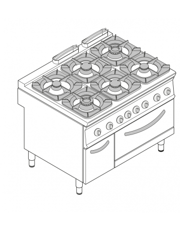 Cucina a gas 6 fuochi, forno a gas GN 2/1, fuochi aperti 6x9kw - cam. forno cm 57,5x65x30 - cm 120x90x90h