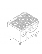 Cucina a gas 6 fuochi, forno elett. ventilato GN1/1, fuochi aperti 4x5,5kw + 2x9kw - cam. forno cm 57,5x51,5x30 - cm 120x90x90h