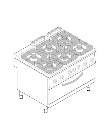 Cucina a gas 6 fuochi, forno a gas Full size, fuochi aperti 4x5,5kw + 2x9kw - cam. forno cm 92,5x63x30 - cm 120x90x90h