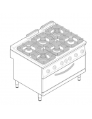 Cucina a gas 6 fuochi, forno a gas Full size, fuochi aperti 6x9kw - cam. forno cm 92,5x63x30 - cm 120x90x90h