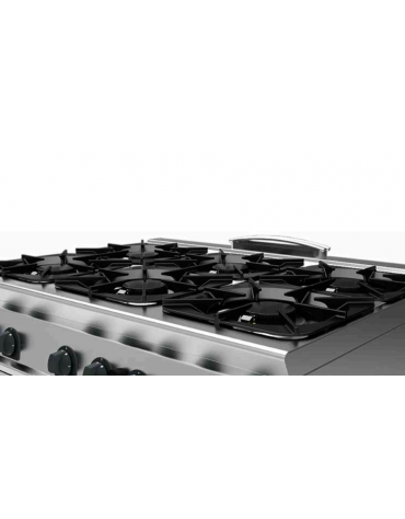 Cucina a gas 6 fuochi, forno a gas Full size, fuochi aperti 6x9kw - cam. forno cm 92,5x63x30 - cm 120x90x90h