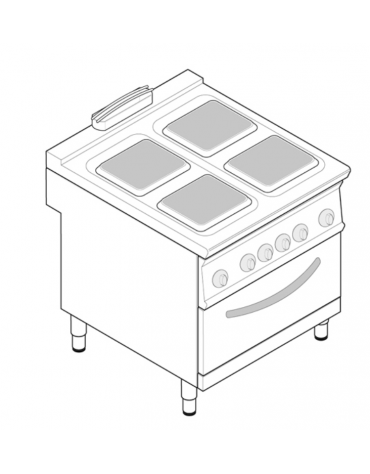 Cucina elettrica trifase - 21,3 kw, 4 piastre quadre cm 30x30, su forno elettrico GN2/1 camera cm 57,5x65x30h - cm 80x90x9