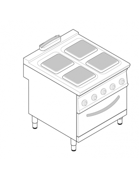 Cucina elettrica trifase-21kw, 4 piastre cm 30x30, su forno elett. ventilato con camera cm 57x51,5x30h - dim tot. cm 80x90x90h