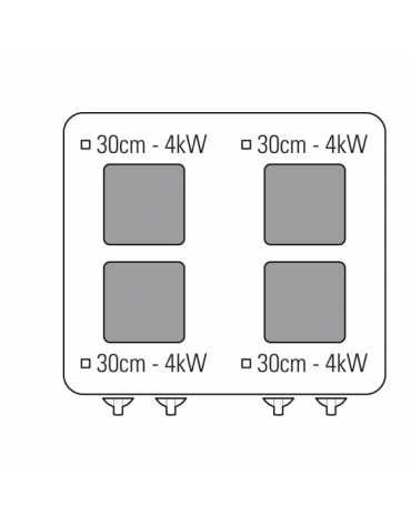 Cucina elettrica trifase-21kw, 4 piastre cm 30x30, su forno elett. ventilato con camera cm 57x51,5x30h - dim tot. cm 80x90x90h