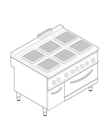 Cucina elettrica trifase-29,3kw, 6 piastre quadre cm 30x30, su forno elett. con camera cm 57,5x65x30h - dim tot. cm 120x90x90h