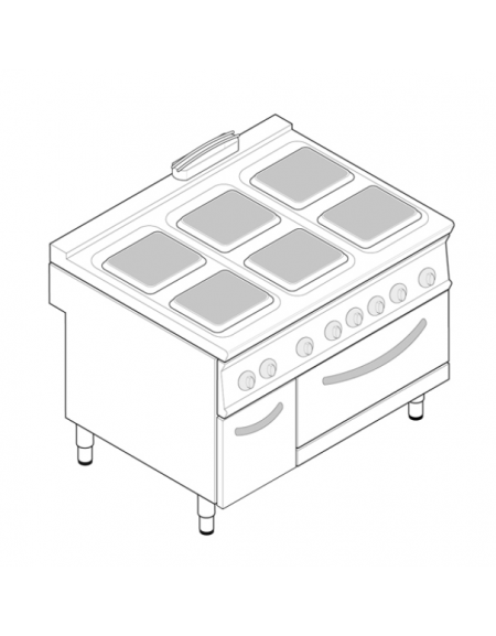 Cucina elettrica trifase-29,3kw, 6 piastre quadre cm 30x30, su forno elett. con camera cm 57,5x65x30h - dim tot. cm 120x90x90h