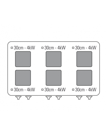 Cucina elettrica trifase-29,3kw, 6 piastre quadre cm 30x30, su forno elett. con camera cm 57,5x65x30h - dim tot. cm 120x90x90h