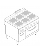 Cucina elettrica trifase-29kw, 6 piastre cm 30x30, su forno elett. ventilato, camera cm 57,5x51,5x30h - dim tot. cm 120x90x90h