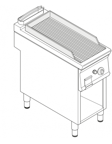 Fry top a gas su vano aperto, 8 kw, piastra rigata, consumo gas 0,84 m³/h - sup. di cottura cm 34,9x69,8  - cm 40x90x90h