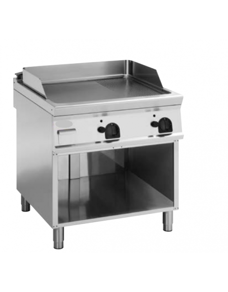 Fry top a gas su vano aperto, 16 kw, piastra 1/3 rigata e 2/3 liscia - sup. di cottura cm 74,9x69,8  - cm 80x90x90h