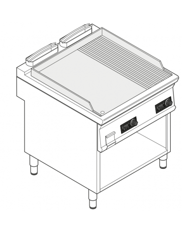 Fry top elettrico trifase - 12 kw su vano aperto, 1/3 piastra rigata, 2/3 liscia, con controllo elettronico - cm 80x90x90h