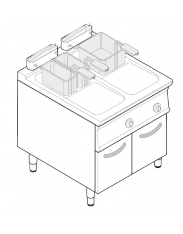 Friggitrice a gas freestanding, 2 vasche pulite pulite a "V" Lt 21+21 senza scambiatori in vasca - potenza totale 38,8 kw - cm t