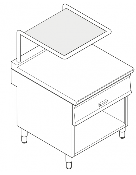 Piano di lavoro inox con piano rinforzato, con cassetto su vano aperto cm 77x76,1x39,5h e supporto salamandra - cm 80x90x90h