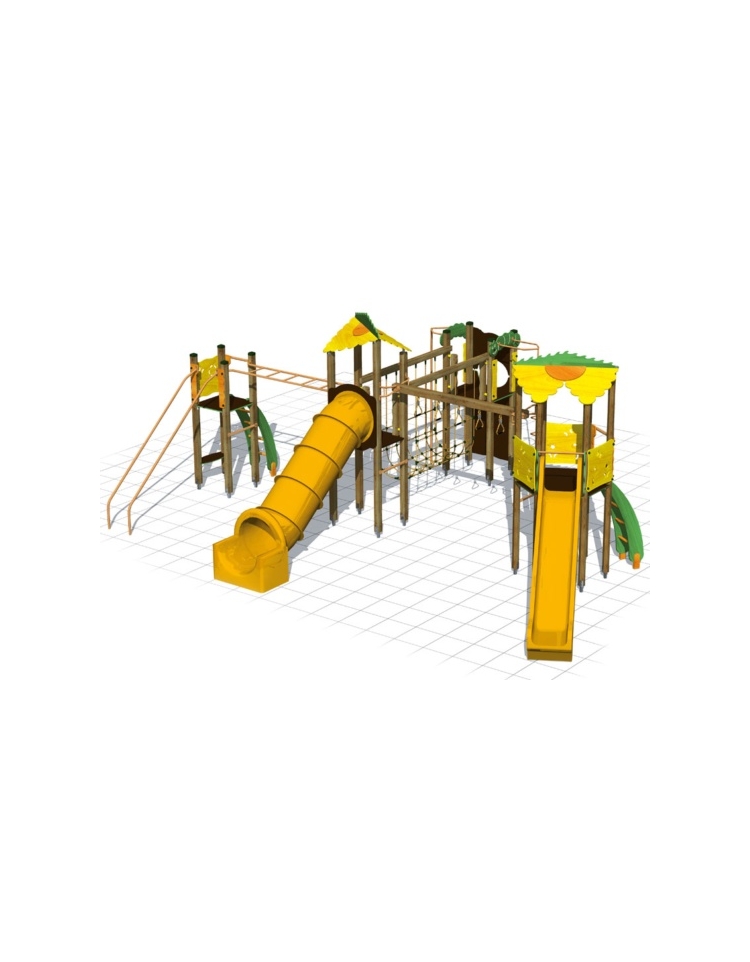 Villaggio a 4 torrette - 2 scivoli tunnel/poly - cm 920x670x350h - Giochi  bambini per parchi e giardino per esterno - Giochi pe