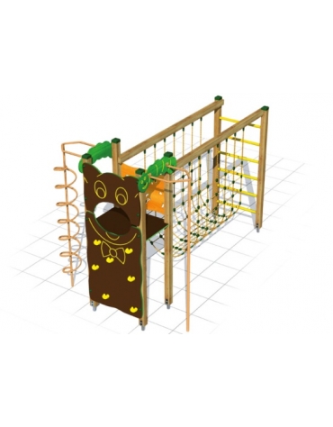 Palestrina attrezzatura per parco gioco in legno con torretta , ponte con arrampicata ,pertiche , spalliera e parete con appigli