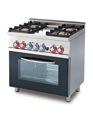 Cucina a gas 4 fuochi su forno a elettrico statico con grill, porta a vetro,  camera cm 64x42x35h, 1 griglia - cm 80x60x90h