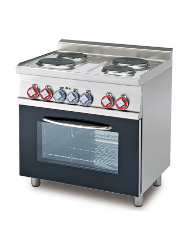 Cucina elettrica trifase-9,05kw, 4 piastre, forno elettrico multifunzione con camera cm 64x37x35h, porta in vetro - cm 80x60x90h