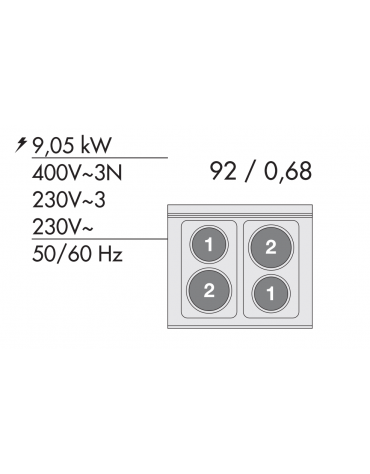 Cucina elettrica trifase-9,05kw, 4 piastre, forno elettrico multifunzione con camera cm 64x37x35h, porta in vetro - cm 80x60x90h