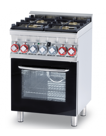 Cucina a gas 4 fuochi su forno a elettrico, camera cm 46x37x35h, 1 griglia -porta in vetro- cm 60x60x90h