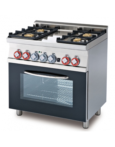 Cucina a gas 4 fuochi su forno a elettrico multifunzione, camera cm 64x37x35h porta in vetro, 1 griglia - cm 80x60x90h