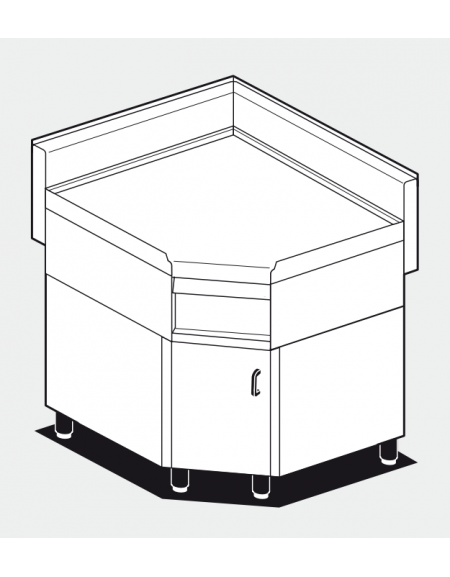 Piano di lavoro ad angolo su mobile in acciaio inox CrNi 18/10 AISI 304 - 1 vano - cm.85÷85x65x87h