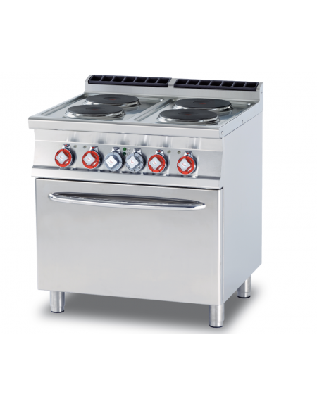 Cucina elett. trifase-15,4kw, 4 piastre su forno elettrico statico, camera cm 67x55x34h - cm 80x70,5x90h