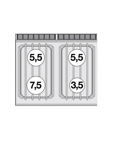 Cucina a gas 4 fuochi su forno elettrico ventilato, camera cm 55x36x34h, 1 griglia - cm 80x70,5x90h