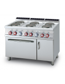 Cucina elett. trifase-20,6kw, 6 piastre su forno elettrico ventilato, camera cm 55x36x34h, 1 vano neutro - cm 120x70,5x90h