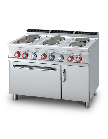 Cucina elett. trifase-20,6kw, 6 piastre su forno elettrico ventilato, camera cm 55x36x34h, 1 vano neutro - cm 120x70,5x90h