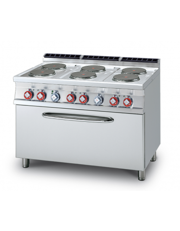 Cucina elett. trifase-22,5kw, 6 piastre su forno elettrico statico, camera cm 107x55x34h, 1 griglia - cm 120x70,5x90h