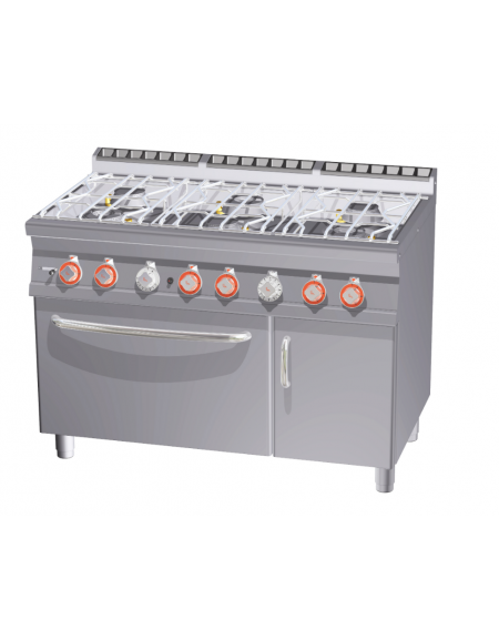 Cucina acqua a gas 6 fuochi su forno a gas statico, camera cm 67x55x34h, 1 vano neutro - cm 120x70,5x90h