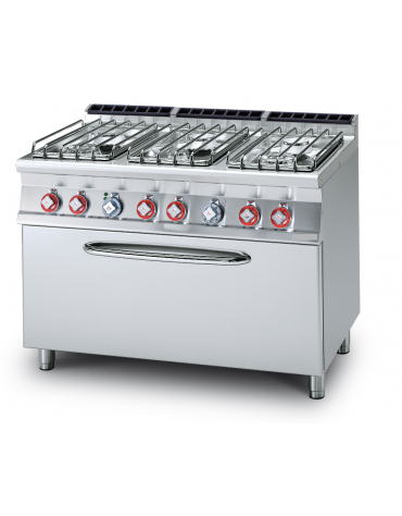 Cucina a gas 6 fuochi su forno elettrico statico, camera cm 107x55x34h - cm 120x70,5x90h