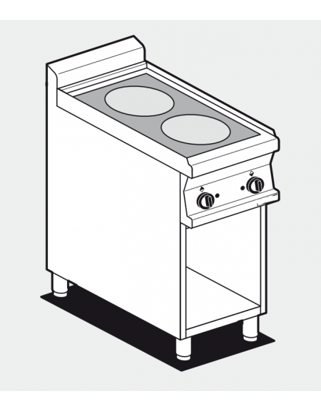 Piano di cottura inox CrNi 18/10 AISI 304 trifase-5kw, 2 zone di cottura in vetroceramica su mobile a giorno - cm 40x70,5x90h