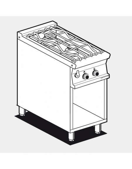 Piano di cottura ad acqua a gas in acciaio inox CrNi 18/10 AISI 304, 2 fuochi su mobile a giorno - cm 40x70,5x90h