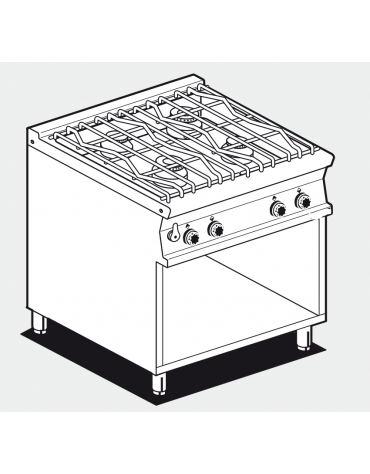 Piano di cottura ad acqua a gas, 4 fuochi su mobile a giorno, rubinetto carico acqua, sfioratore - cm 80x70,5x90h