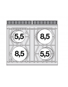 Piano di cottura ad acqua a gas, 4 fuochi su mobile a giorno, rubinetto carico acqua, sfioratore - cm 80x70,5x90h