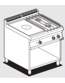 Cucina tuttopiastra a gas in acciaio inox CrNi 18/10 AISI 304, 2 fuochi 1 piastra cm 37x57, su mobile a giorno - cm 80x70,5x90h