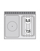 Cucina tuttopiastra a gas in acciaio inox CrNi 18/10 AISI 304, 2 fuochi 1 piastra cm 37x57, su mobile a giorno - cm 80x70,5x90h