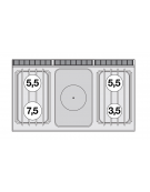 Cucina tuttopiastra a gas in acciaio inox CrNi 18/10 AISI 304, 4 fuochi 1 piastra cm 37x57, su mobile a giorno - cm 120x70,5x90h