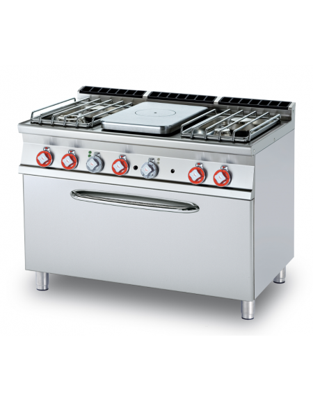 Cucina a gas 4 fuochi, 1 piastra cm 37x57, forno a gas statico, camera 107x55x34h, - cm 120x70,5x90h