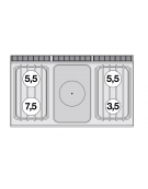 Cucina a gas 4 fuochi, 1 piastra cm 37x57, forno a gas statico, camera 107x55x34h, - cm 120x70,5x90h