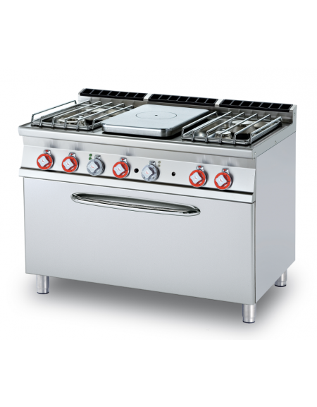 Cucina a gas 4 fuochi, 1 piastra cm 37x57, forno elettr. statico, camera 107x55x34h, - cm 120x70,5x90h